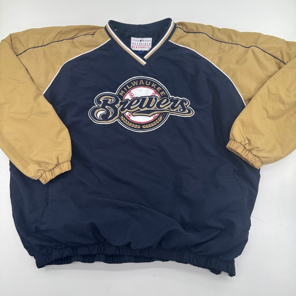 MLB Milwaukee Brewers Windbreaker Pullover Navy Gold V-Neck XXL Genuine Merch